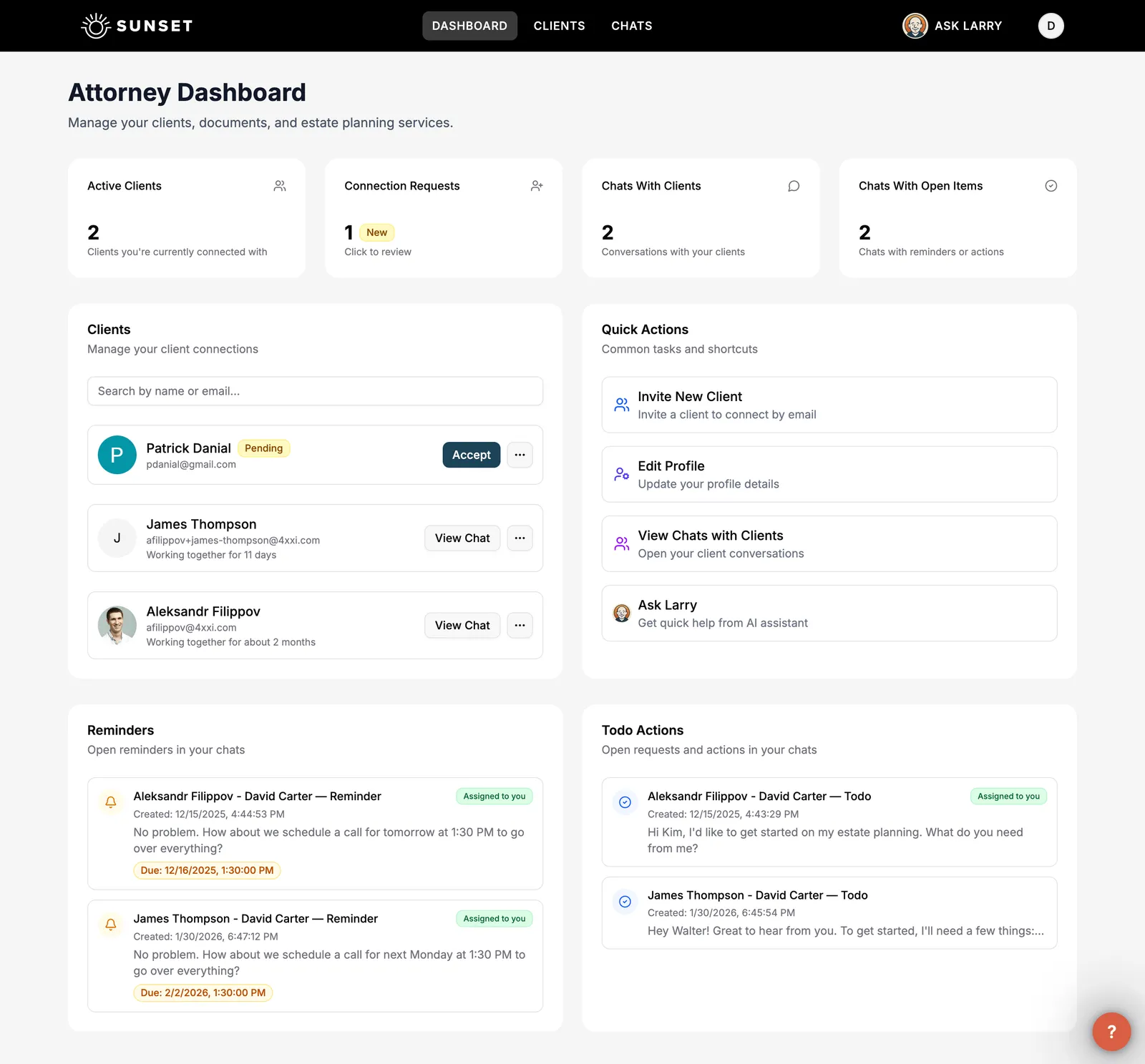The Sunset attorney dashboard listing every matter, its status and upcoming deadlines
