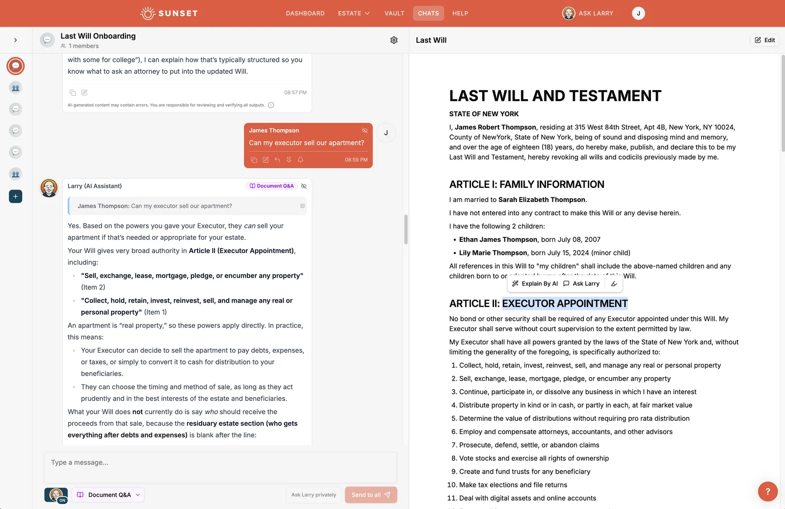 A shared Sunset workspace: the client's will beside an encrypted chat thread with their attorney
